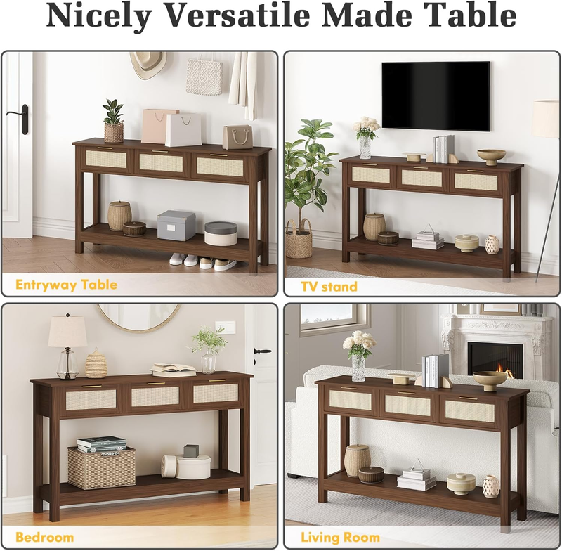 Walnut Console Table 3 Rattan Drawers Boho Entryway Storage Shelf 47" Long5