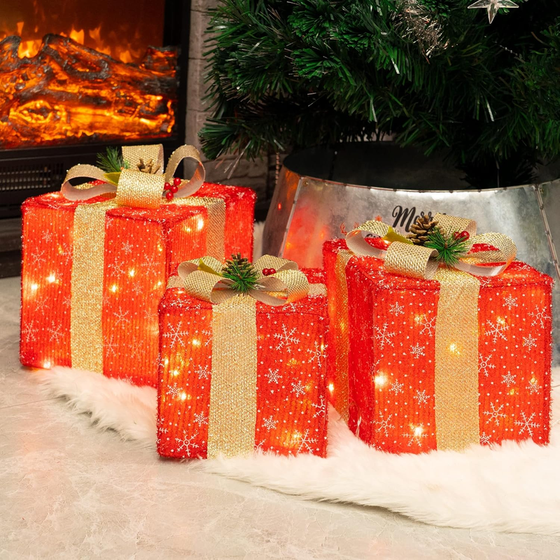 Set of 3 Christmas Lighted Gift Boxes 50 LED Indoor Outdoor Holiday Decor6