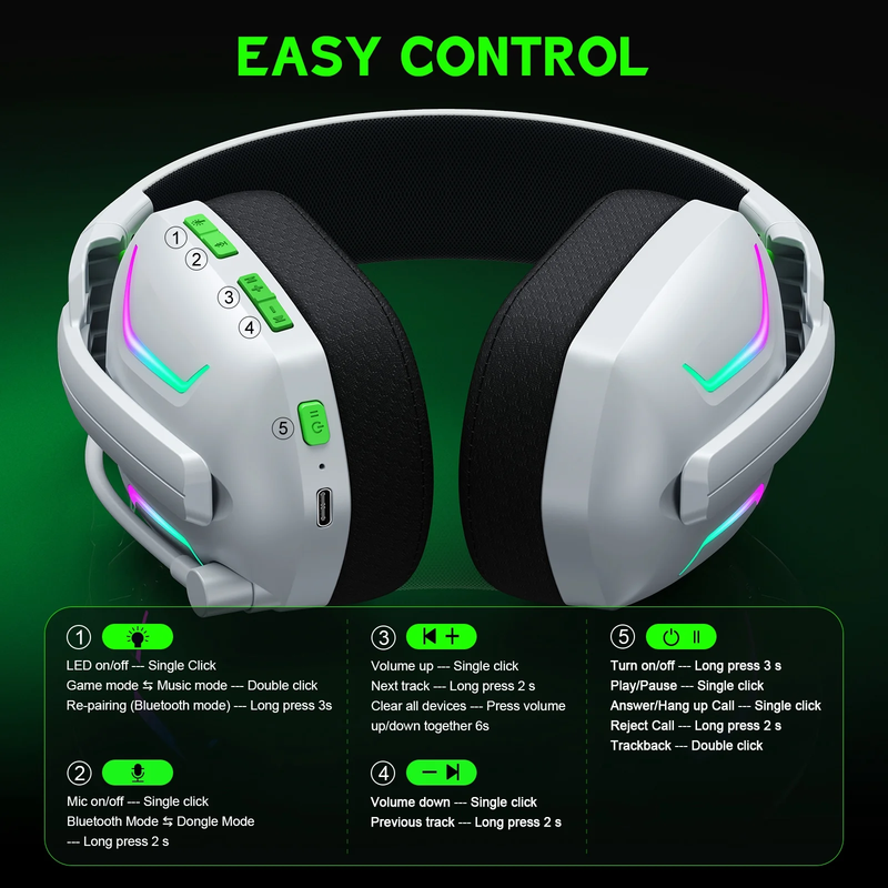 Wireless Gaming Headset 2.4GHz Bluetooth PS5 PS4 PC Switch Noise Mic White2