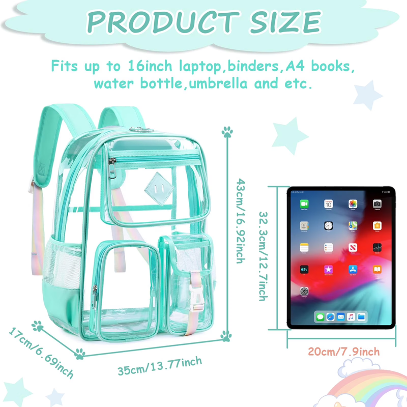 Large Clear Book Bag Waterproof See Through Backpack Green Daisy7