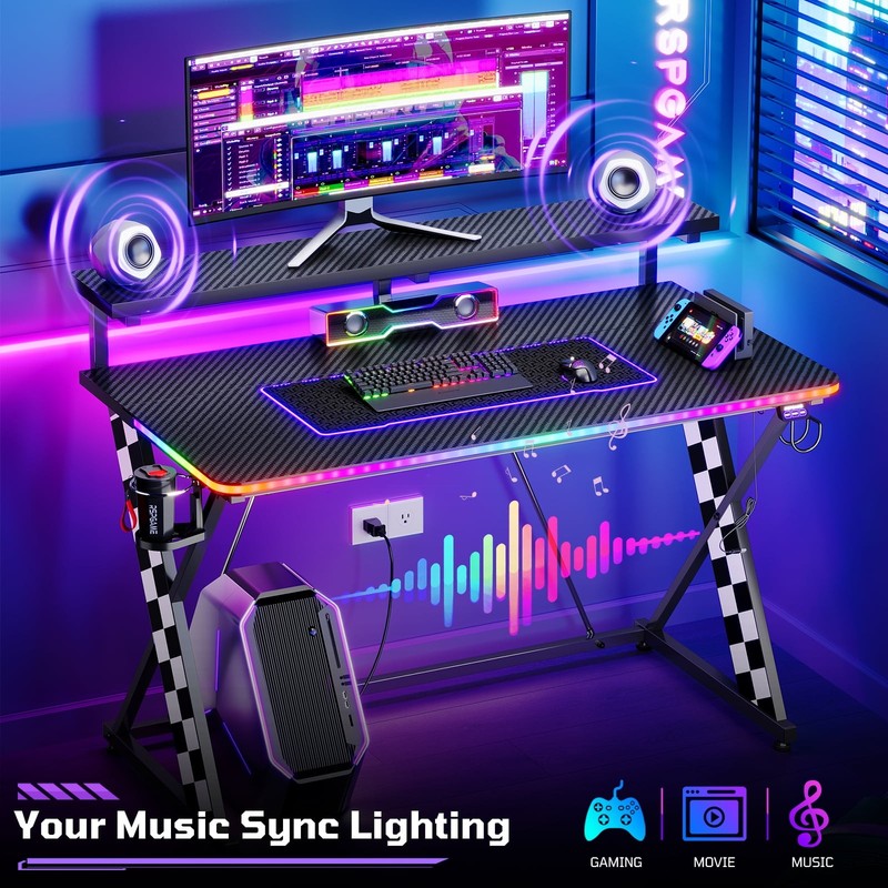 43" X-Shaped Gaming Desk Music Sync LED with Monitor Stand White Racing7