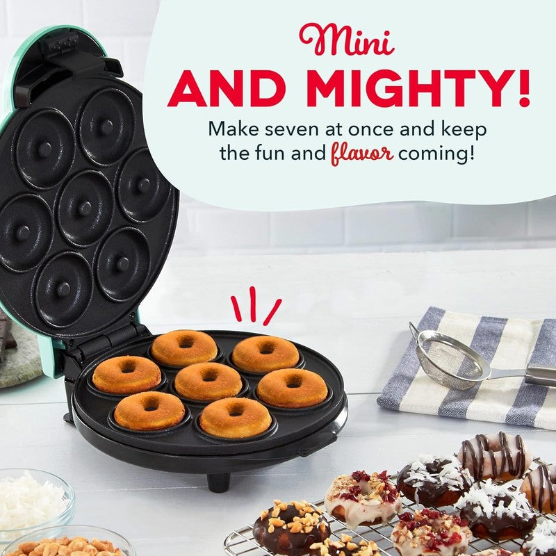 Express Mini Donut Maker Nonstick Double-Sided Makes 7 Space Saving Aqua1