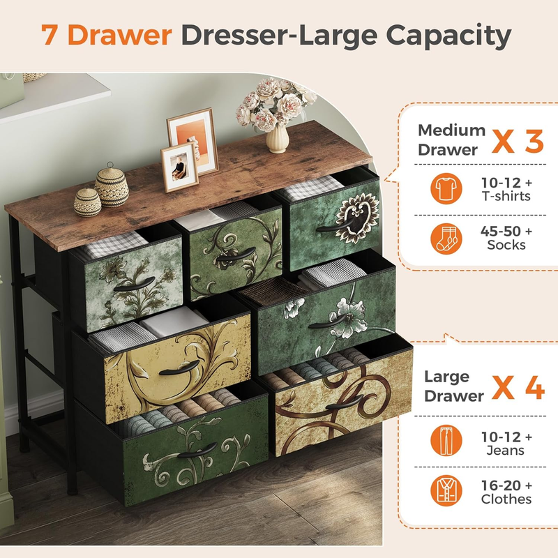 7 Drawer Fabric Dresser Storage Tower Steel Frame Wood Top Floral3