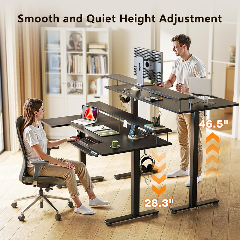 55" U Shaped Electric Standing Desk w/ Keyboard Tray LED Lights Black3