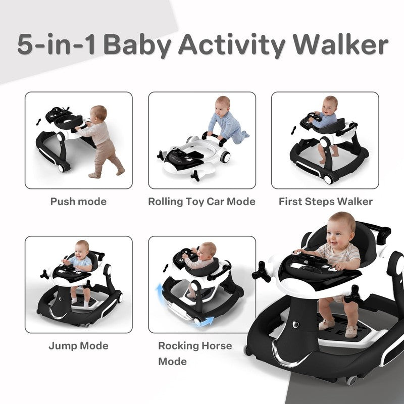 5-In-1 Musical Baby Walker with Wheels, Foldable Baby Walker for Boys Girls, Bla8