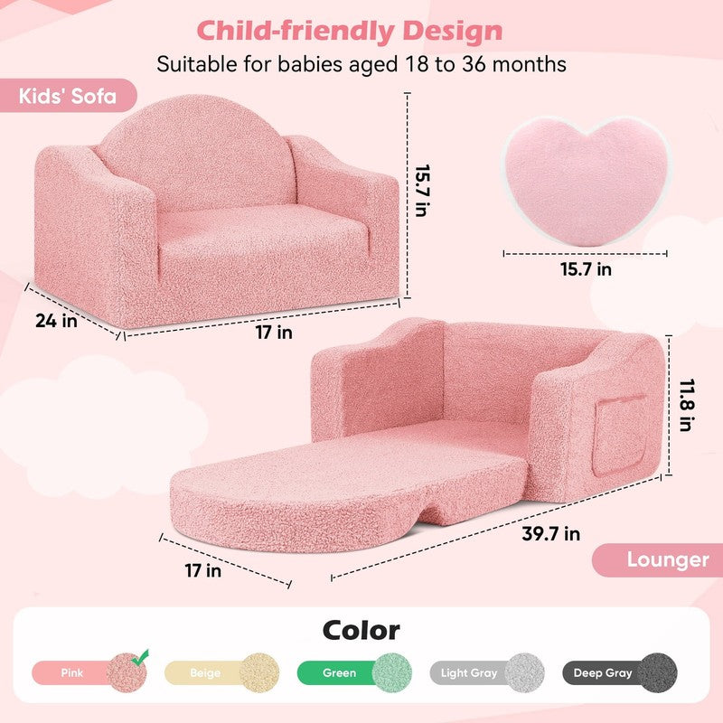 Kids 2 in 1 Toddler Couch Fold Out Soft Convertible Chair Pink for Boys & Girls4