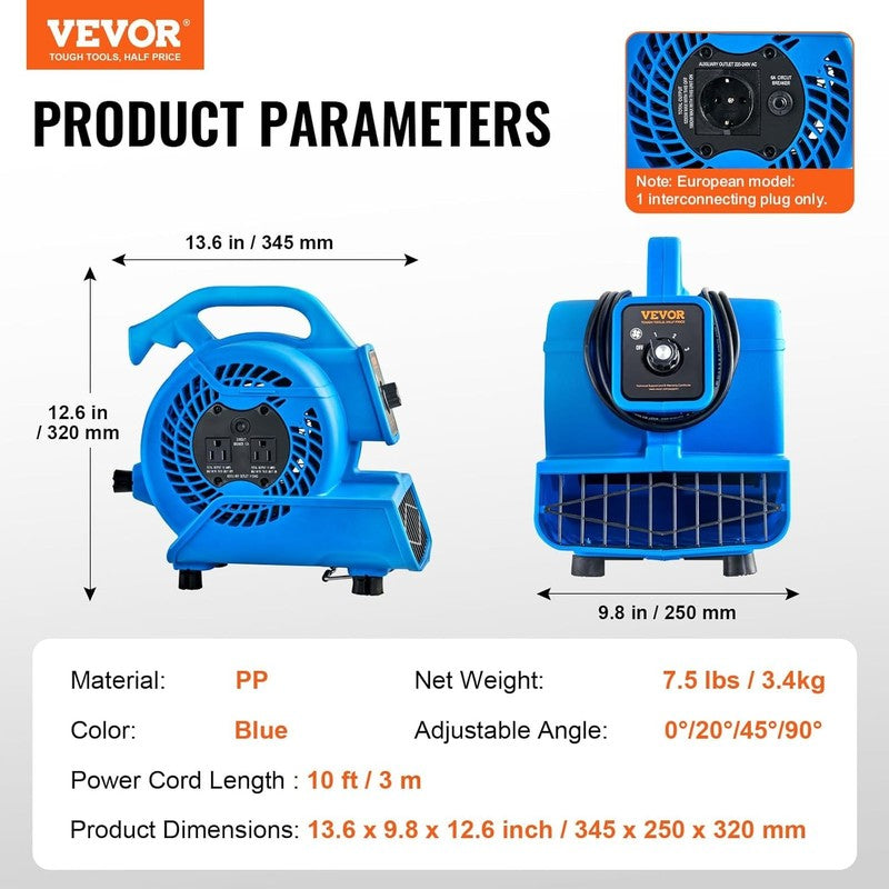 600CFM Floor Blower Air Mover 1360RPM 3-Speed Carpet Dryer Portable Fan6