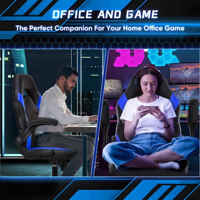 Gaming Office Chair PU Leather Ergonomic Swivel Flip Up Arms Lumbar Blue1