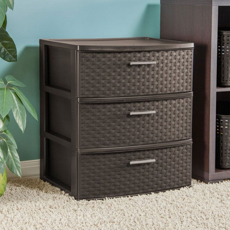 3 Drawer Wide Weave Tower, Plastic Décor Drawers with Pull Handles, Brown1