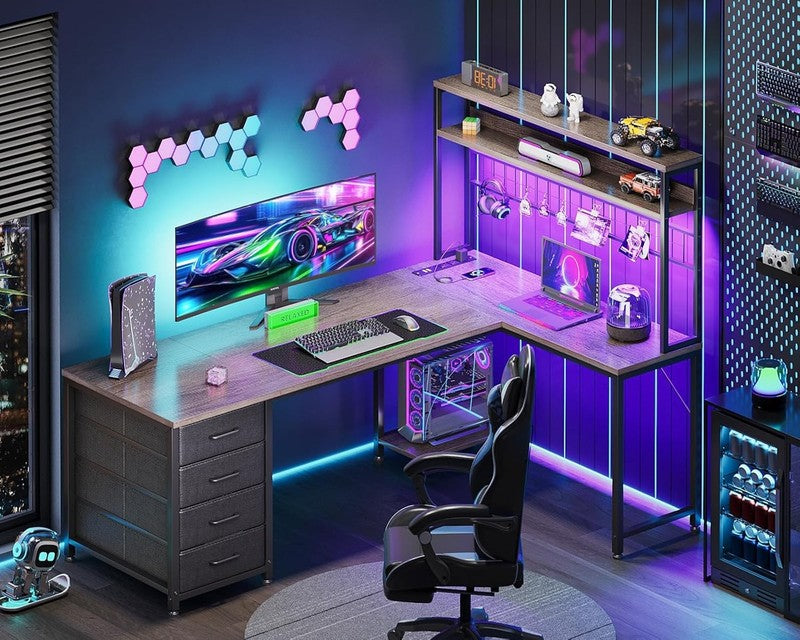L Shaped Gaming Desk 59in Reversible Desk with 4 Drawers Grey LED Desk1