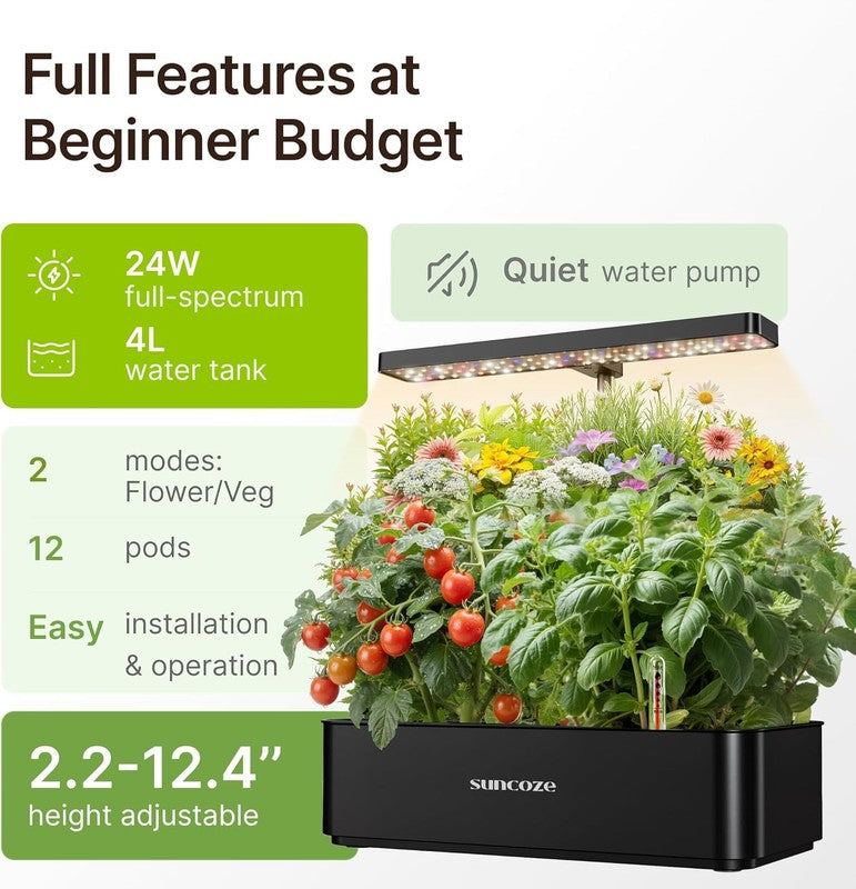 12 Pod Hydroponics System 24W LED Grow Light Indoor Herb Garden Kit Black1
