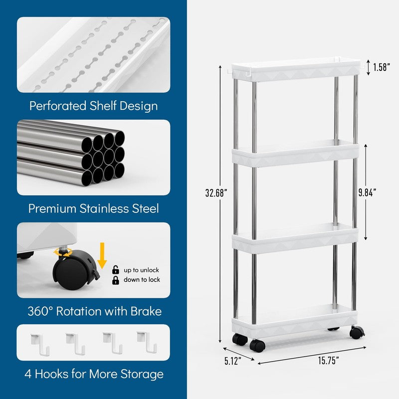 4 Tier Slim Rolling Storage Cart White, Bathroom Kitchen Laundry Organizer1