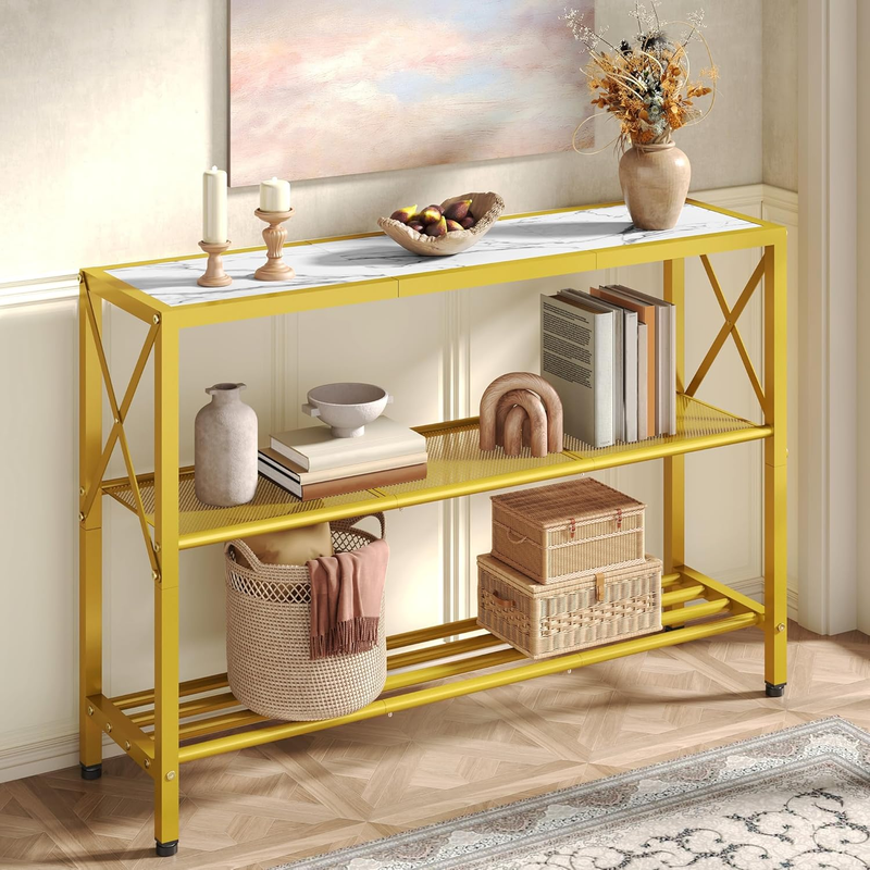 Gold Console Table 3 Tier Entryway Hallway Narrow Sofa Table White Shelves10