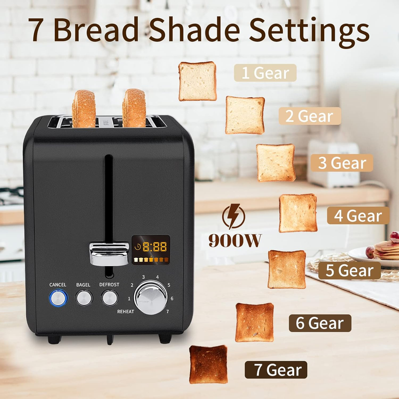 Dark Chocolate 2 Slice Stainless Steel Toaster - LCD, 7 Shades, Bagel, Defrost2