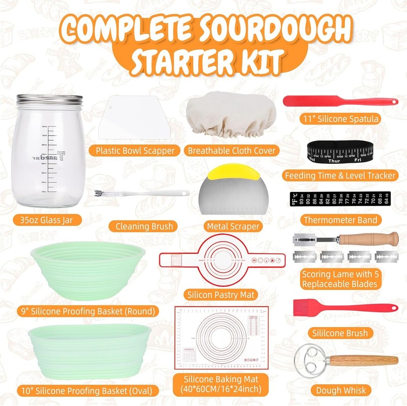 Complete Sourdough Starter Kit 35oz Jar, 15PCS Baking Supplies, Silicone Baskets1