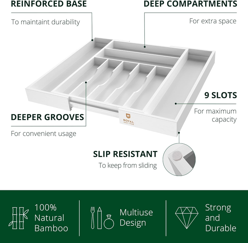 Bamboo Kitchen Drawer Organizer 9 Slot Silverware Utensil Tray White2