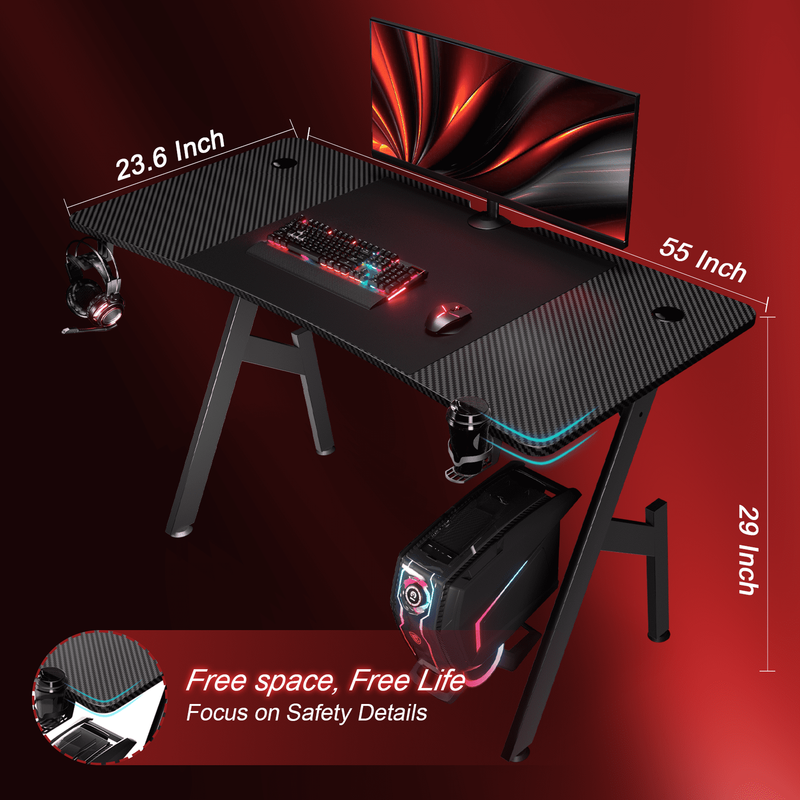 55 Inch Gaming Desk, Ergonomic Gaming Table, Computer Desk with Headphone Hook &1