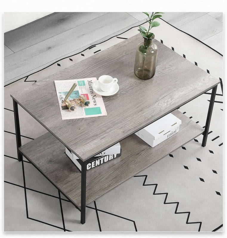2 Tier Grey Oak Coffee Table with Storage, Wood & Metal, Living Room Table1