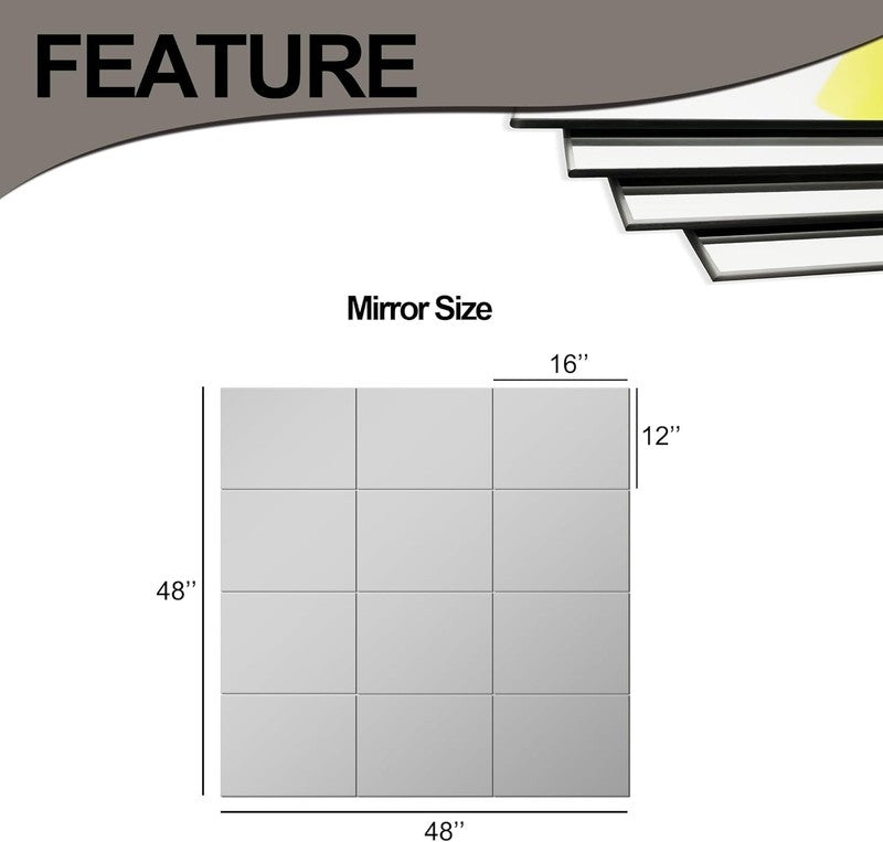 Home Gym Mirror Tiles, 12 Pcs Large Glass Wall Mirrors 16x12 for Gym Garage Room5