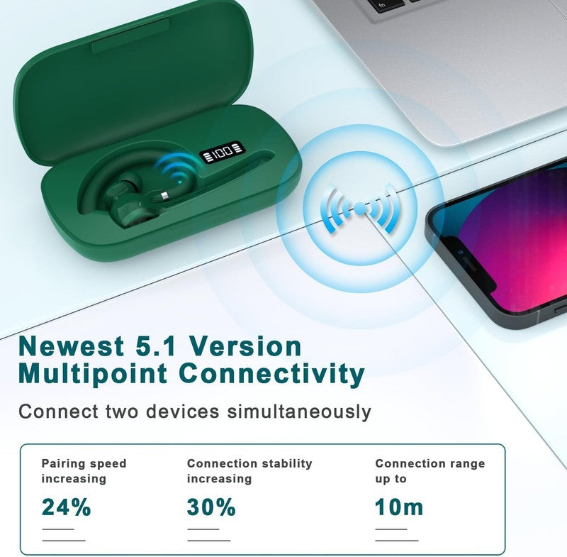 Bluetooth Headset V5.1 Wireless Earpiece 72H Talk 500mAh Case Hands Free Green6