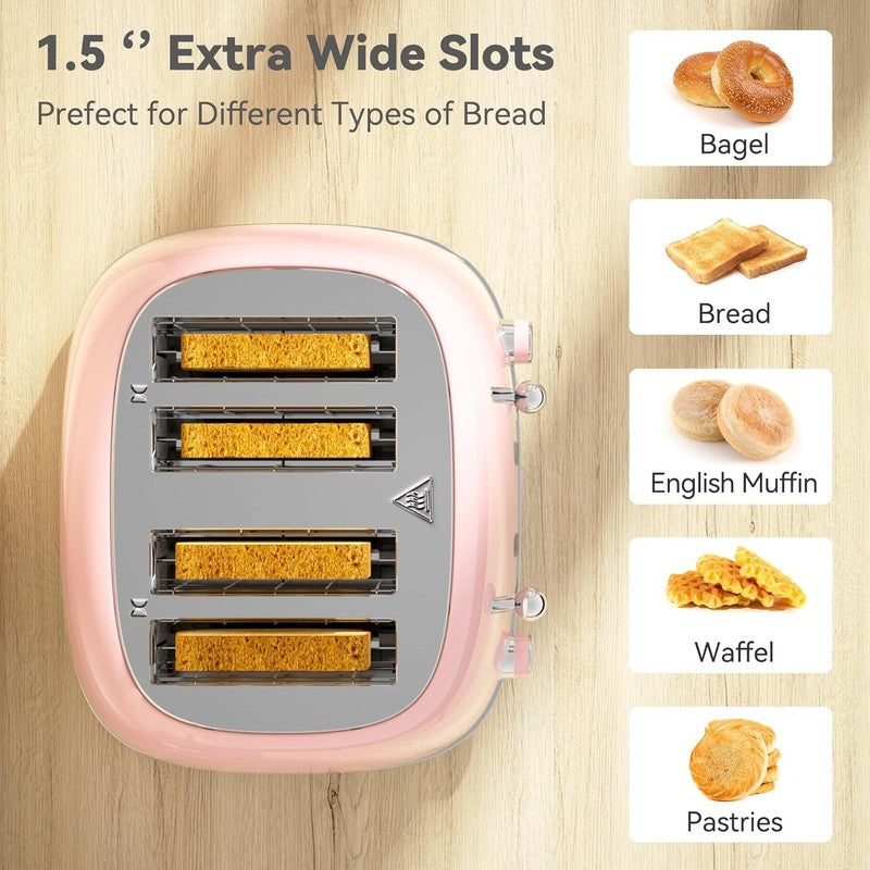 4-Slice Retro Toaster Pink 6 Shade Settings Cancel/Defrost/Reheat Wide Slots1