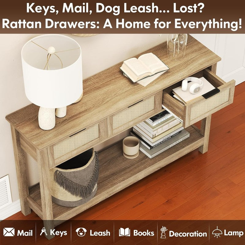 47'' Rattan Console Table Natural Boho Entryway Sofa Table 3 Drawer Storage9
