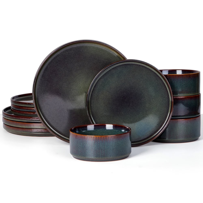 Dinnerware Set for 4, 12 Piece Stoneware Ribbed Dishes with Reactive Glaze, Cera0