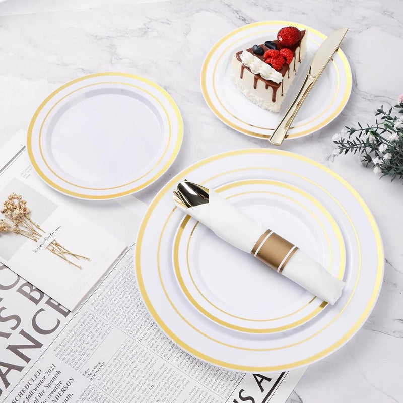 350PCS Gold Plastic Dinnerware Set, Disposable Party Plates for 50 Guests, Inclu2
