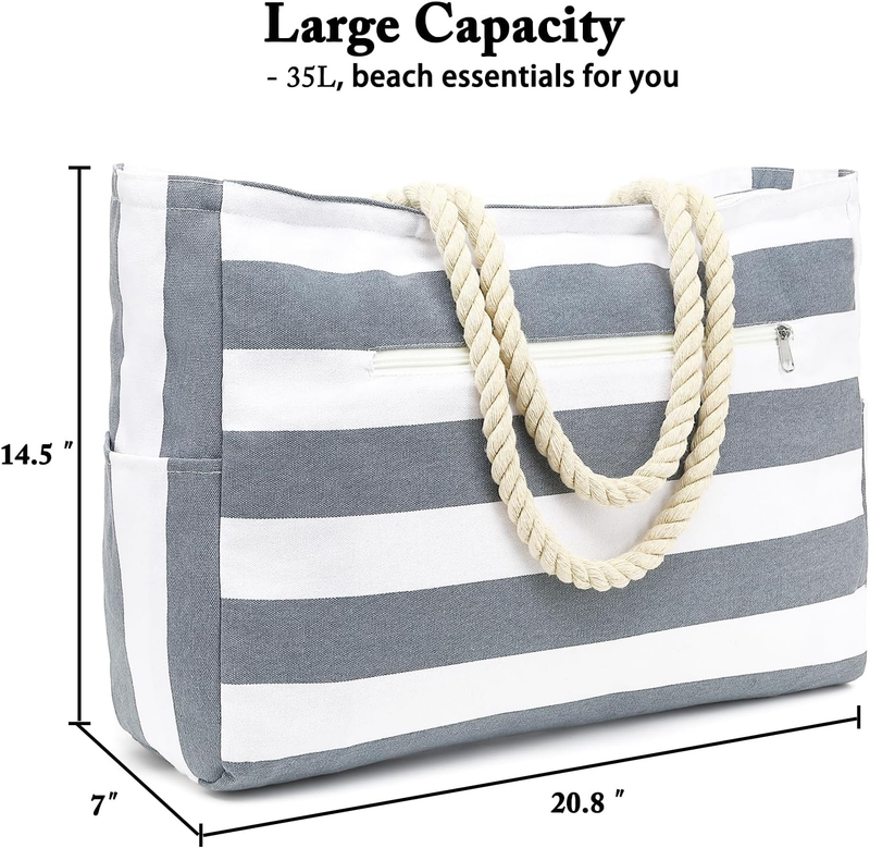 Large Waterproof Beach Tote Bag Sandproof Canvas Pool Bag Wet Pocket6