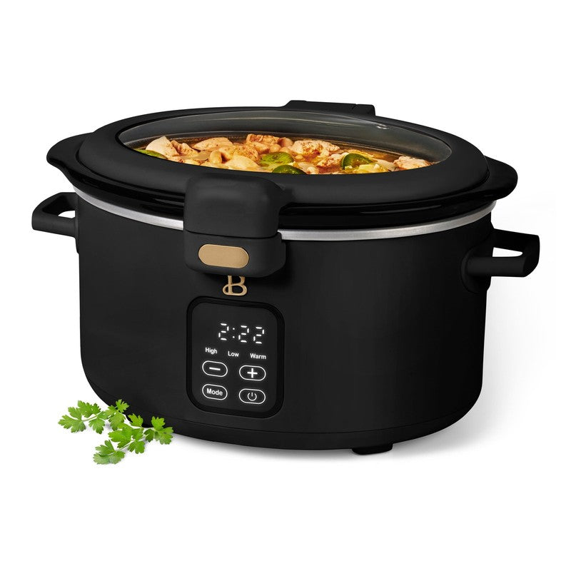 4 Qt Digital Slow Cooker with Hinged Locking Lid, Black Sesame by Drew Barrymore4