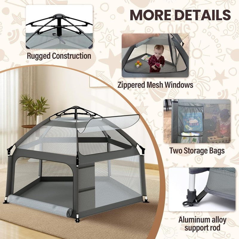 Portable Baby Playpen with Self-Inflating Mat & Travel Bag - Grey6