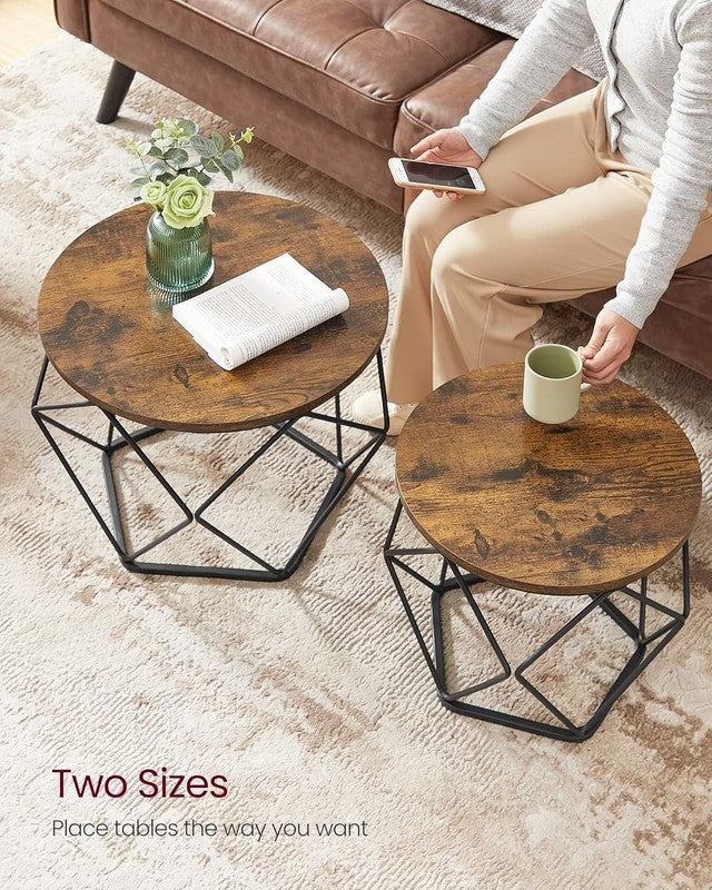 Small Round Coffee Table Set of 2 Steel Frame Side End Tables Rustic Brown Black7