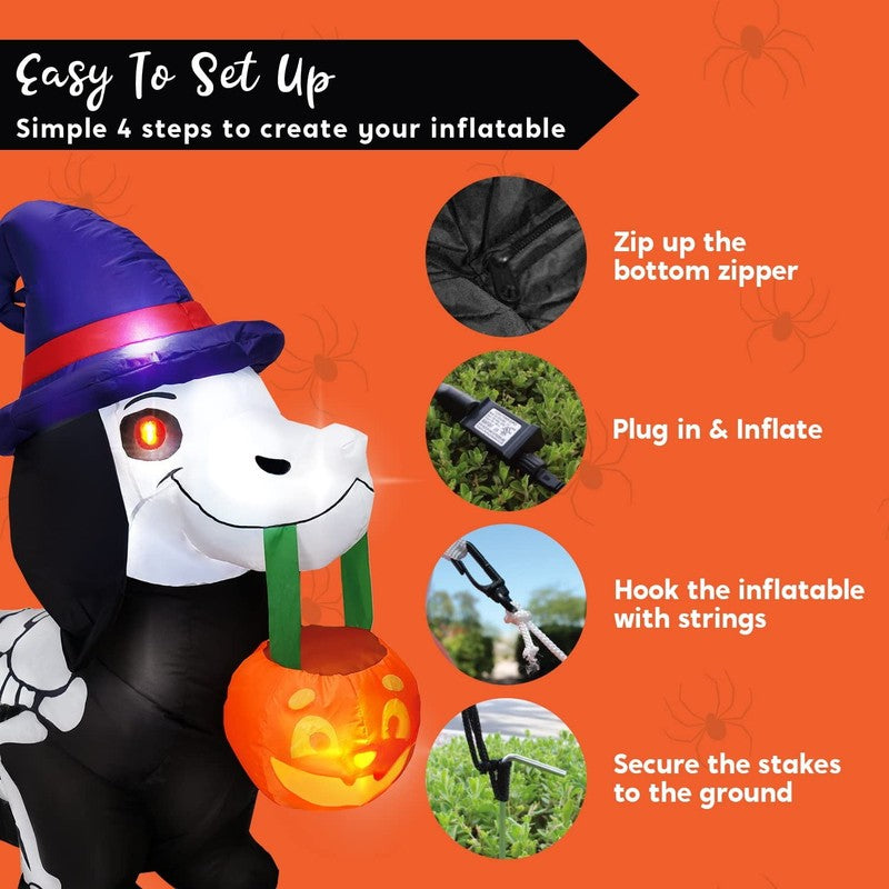 5Ft Halloween Inflatable Pumpkin Skeleton Wiener Dog w/ LEDs Yard Decor4