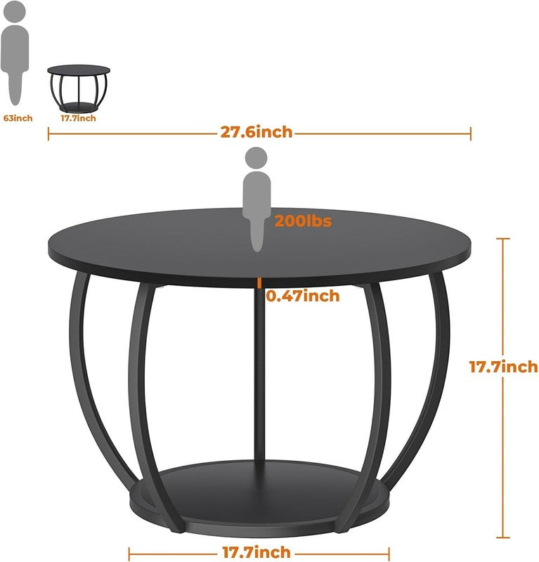 Round 2 Tier Coffee Table with Storage 27.6" Adjustable Feet, Black1