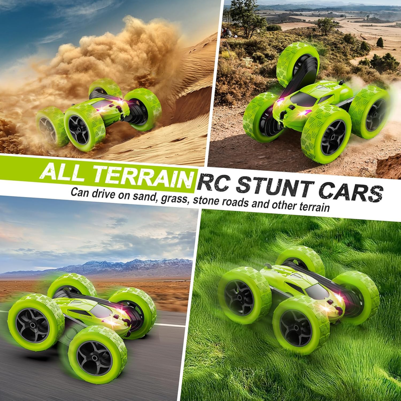 Kids RC Stunt Car 4WD Double Sided 360° Rotating Remote Control Green4