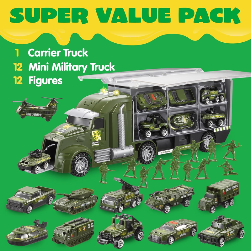 25 in 1 Military Kids Truck Toy Set w/ Tanks Soldiers Lights Sounds 3+1