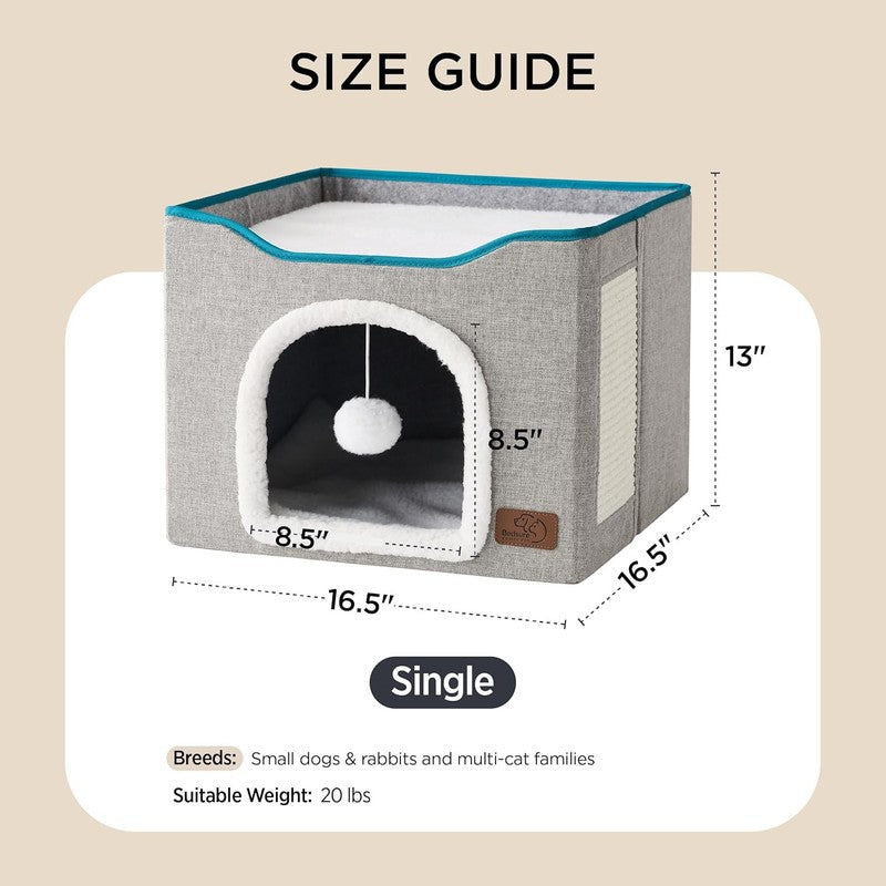Large Foldable Cat House with Scratch Pad & Hanging Ball, 16.5"x16.5"x13", Grey5