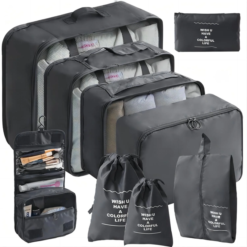 Packing Cubes 9 Set Travel Organizers Clothes Shoes Toiletry Bag Black10