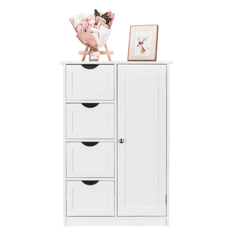 Bathroom Floor Cabinet with Door and 4 Drawers, Freestanding Storage Cabinet for2