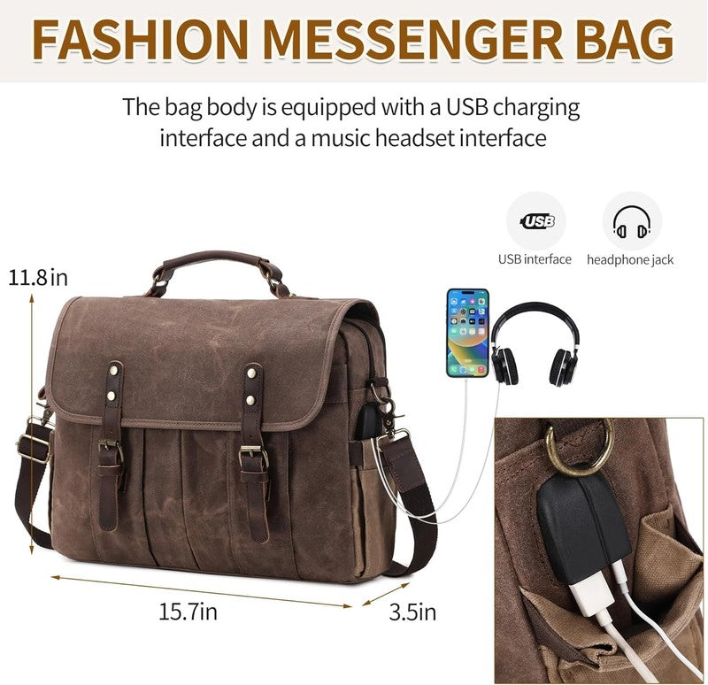 Men's 15.6" Vintage Canvas Leather Laptop Messenger Bag Satchel Shoulder3