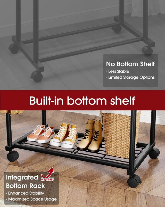 Clothes Rack with Double Hanging Rods and Bottom Shelf, Rolling Metal Garment Ra3