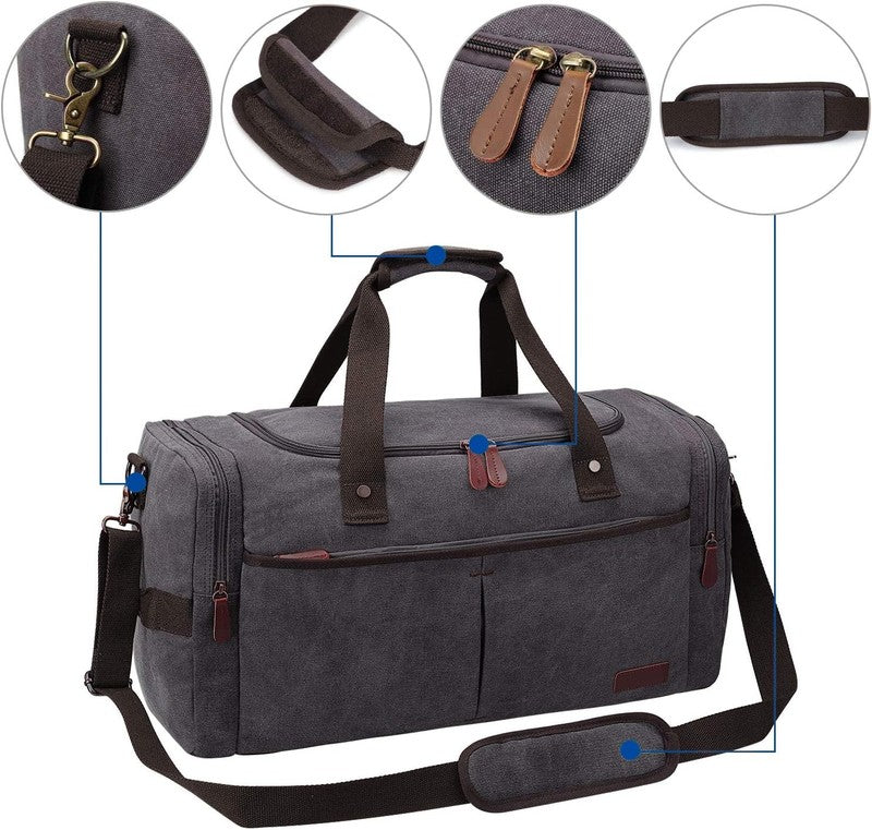 65L Expandable Canvas Duffle Bag Grey Travel Gym Weekender w/ Shoes Compartment4