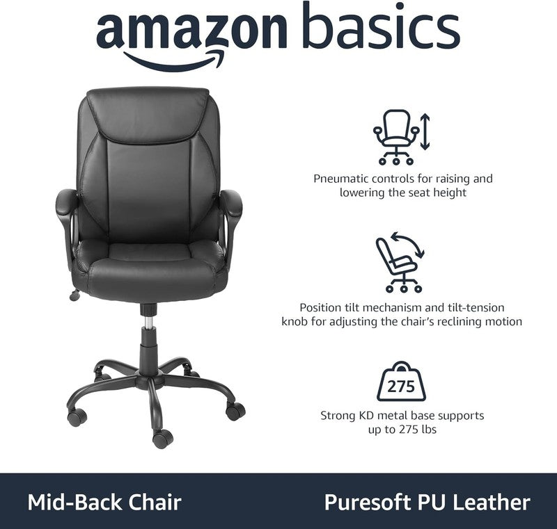 Height Adjustable Mid-Back Office Chair with Armrests - Classic Black Design3