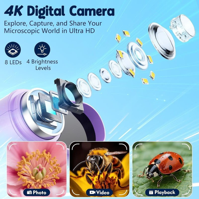 Kids 1000X Handheld Digital Microscope 4K 2.4" Display w/ 12 Slides – Purple2