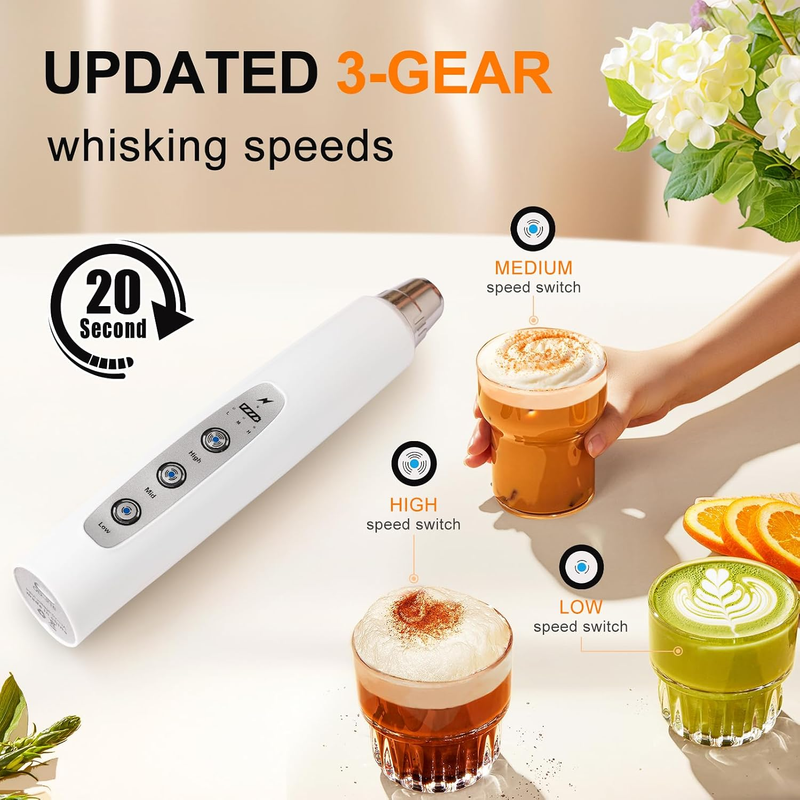 Milk Frother Handheld Rechargeable 3 Speed 3 Heads Coffee Whisk White2