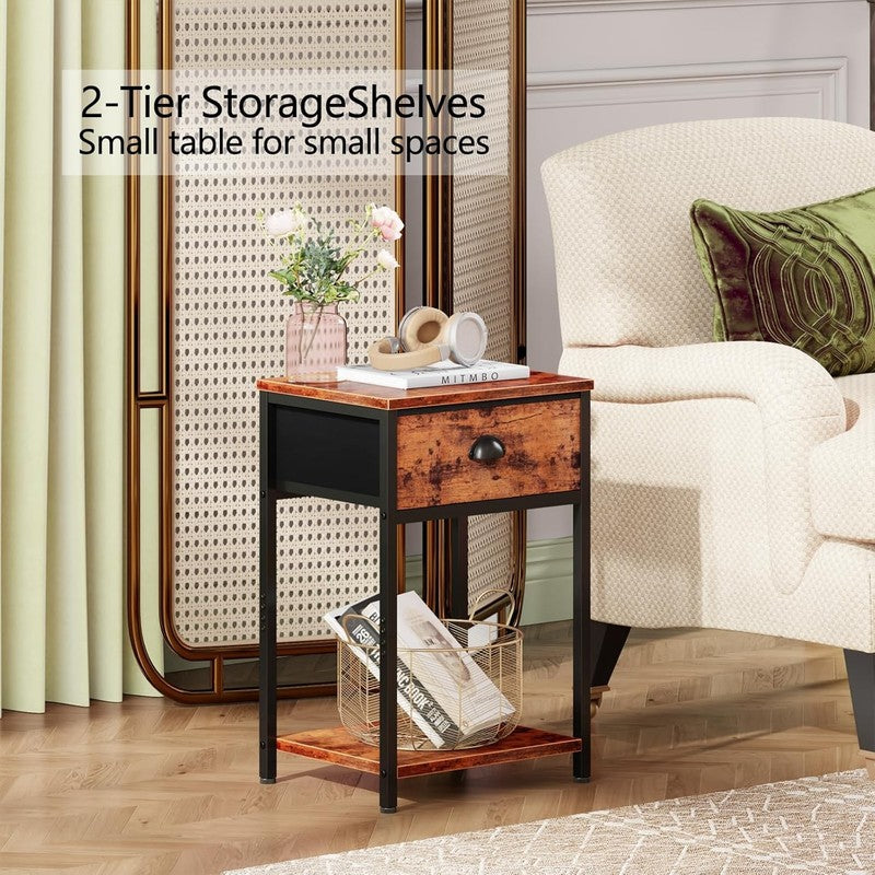 Set of 2 Nightstands w/ Fabric Drawer & Storage Shelf Rustic Brown Bedside Table5