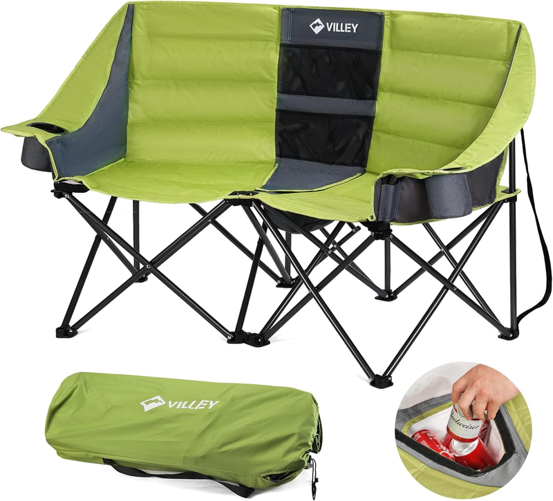 Heavy Duty Double Camping Chair w/ Cooler Bag Cup Holders 600lb Load11