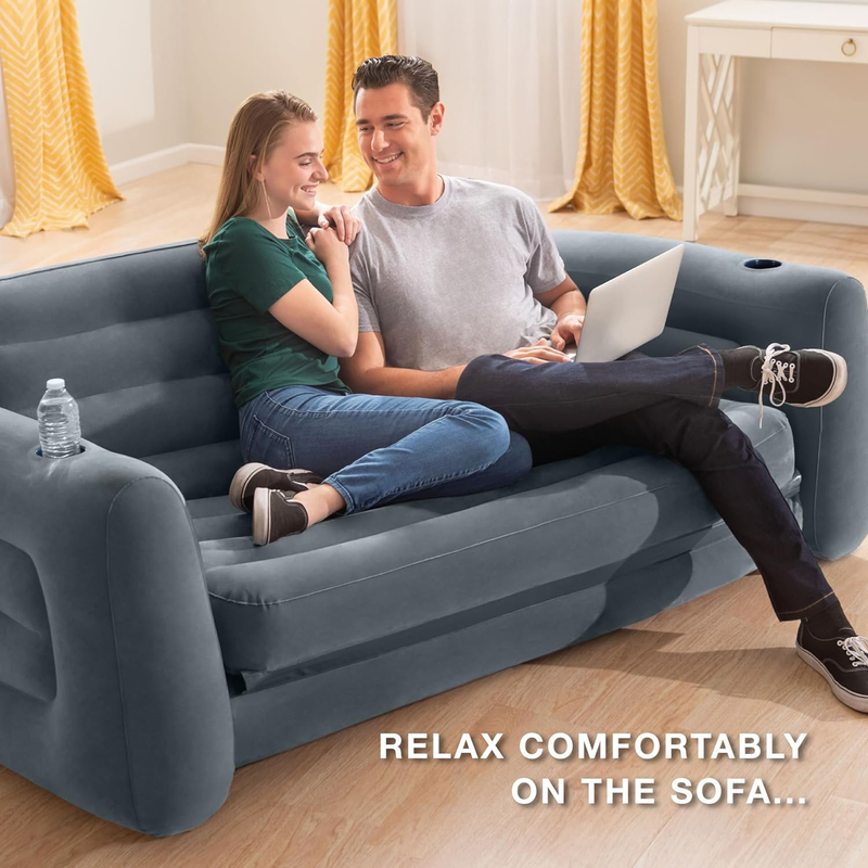 Inflatable Pull Out Sofa: Velvety Surface, 2 In 1 Valve, Cupholder, 46" X 88" X 3
