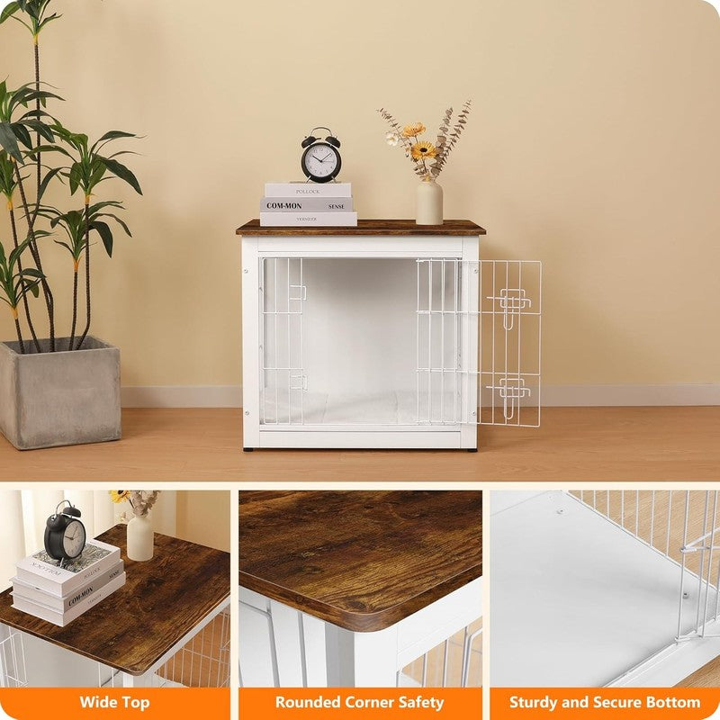 Dog Crate Furniture Table w/Cushion Wooden Kennel Double Door 27.2" White/Brown5