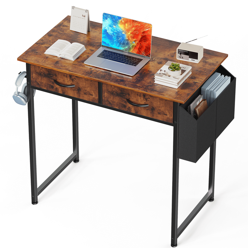 32" Small Desk w/ Fabric Drawers Vanity/Storage Desk for Bedroom Rust Brown8